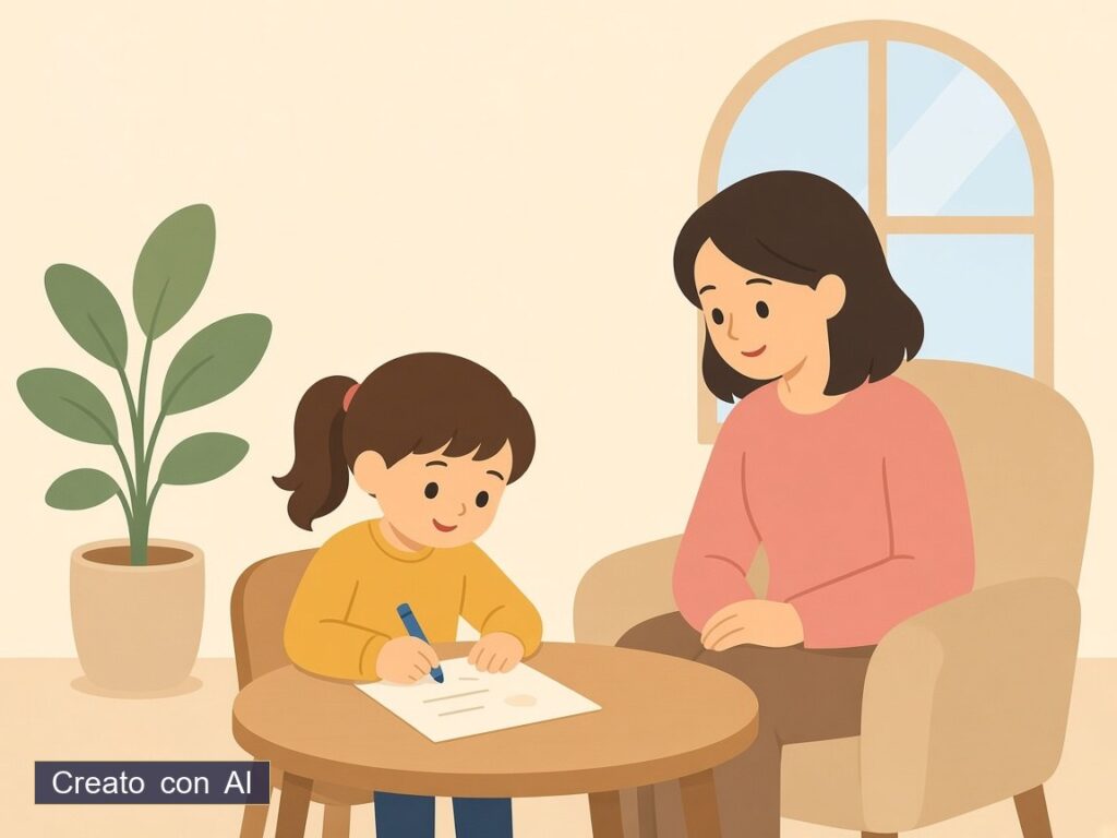 Bambino al tavolo con un adulto — illustrazione originale creata con AI