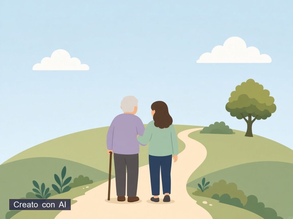Due persone in cammino, sostegno — illustrazione originale creata con AI